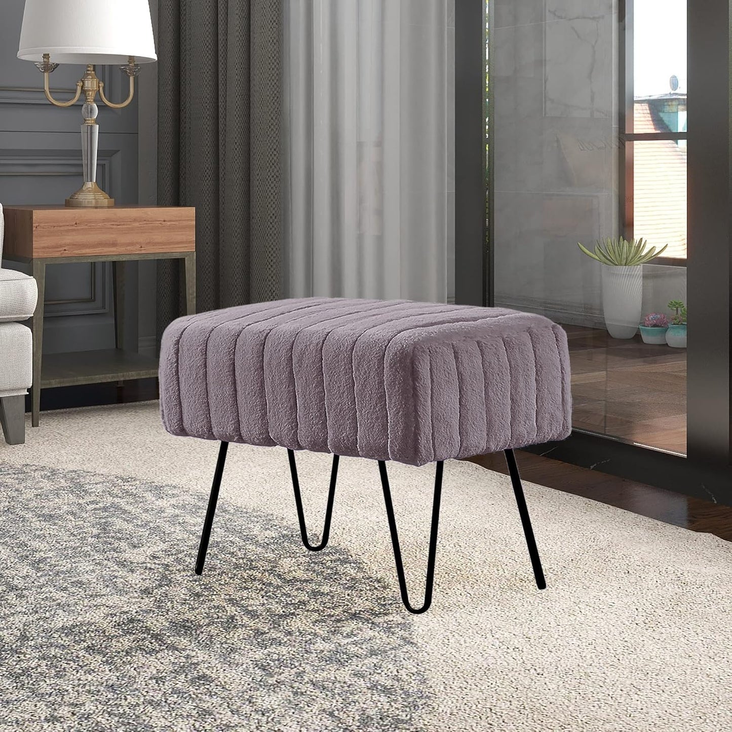 Home Soft Things Super Mink Faux Fur Gray Ottoman Bench 19" x 13" x 17", Charcoal, Living Room Foot Rest Stool Entryway Makeup Bench End of Bed Bedroom Home Decor Chair for Sitting