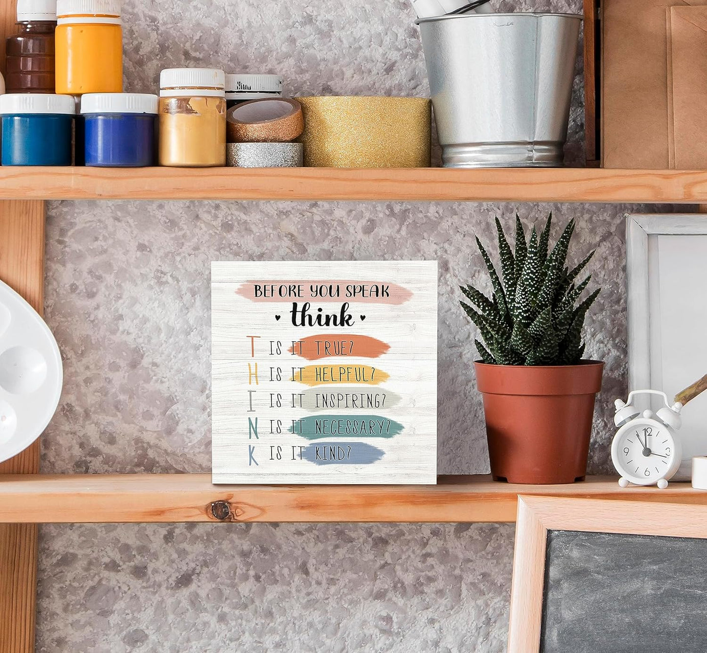 SRADMO Classroom Decor,Before You Speak Think Wood Box Sign Desk Decor,Inspirational Wooden Block Box Sign Decoration For Classroom Therapy Office School Counseling Office Shelf Table Decor