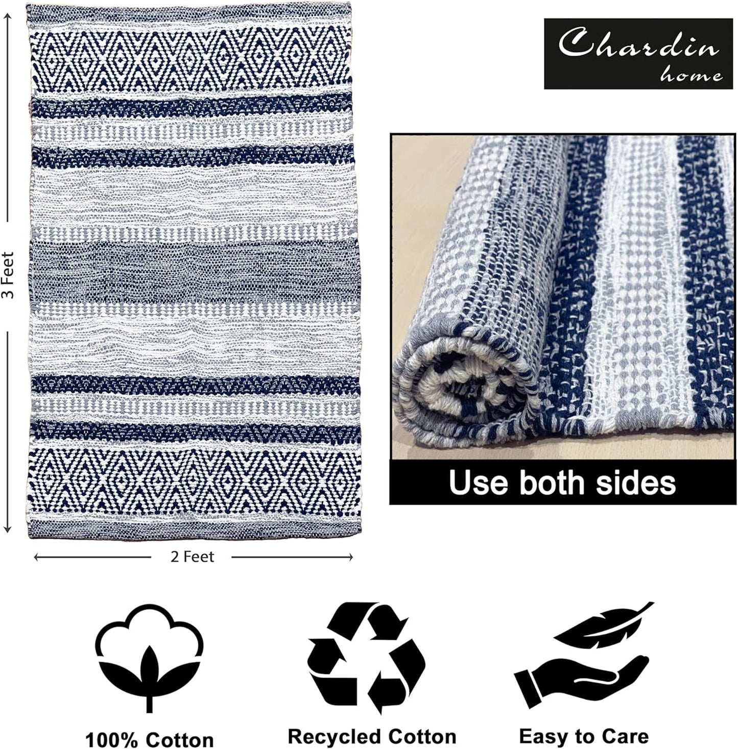 Chardin home Farmhouse Rug 24''x36'' Grey-Navy | Recycled Cotton Hand Woven Rug, Long Boho Rug | Perfect for Hallways, Kitchens, Bathroom, bedrooms, Meditation Yoga Mat | Machine Wash