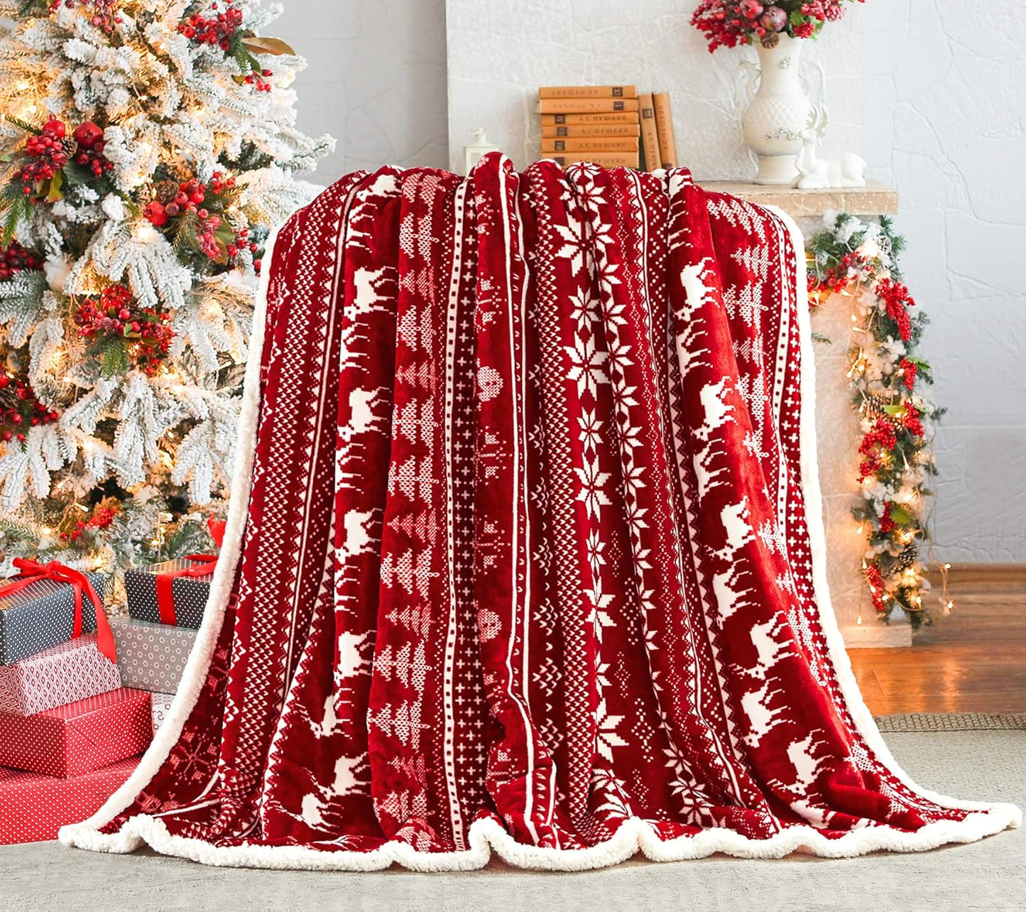 Touchat Red Sherpa Christmas Throw Blanket, Fuzzy Fluffy Soft Cozy Blanket, Fleece Flannel Plush Microfiber Blanket for Couch Bed Sofa (50" X 60", Red Reindeer)
