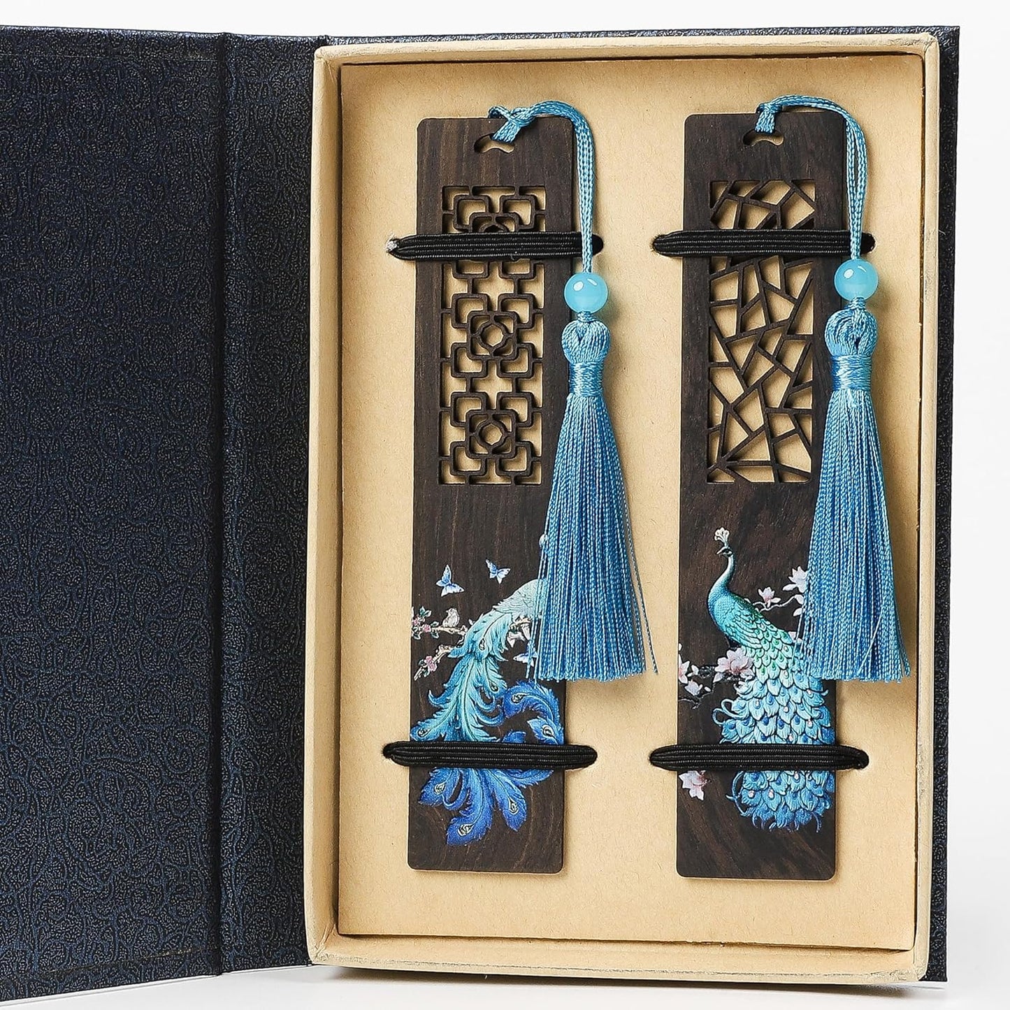 Handmade Wooden Bookmark, 2 Pieces Vintage Style Reading Book Markers with Pendant, Gift Box Set Ideal for Book Lover Librarian Readers Bookworm (Peacock)