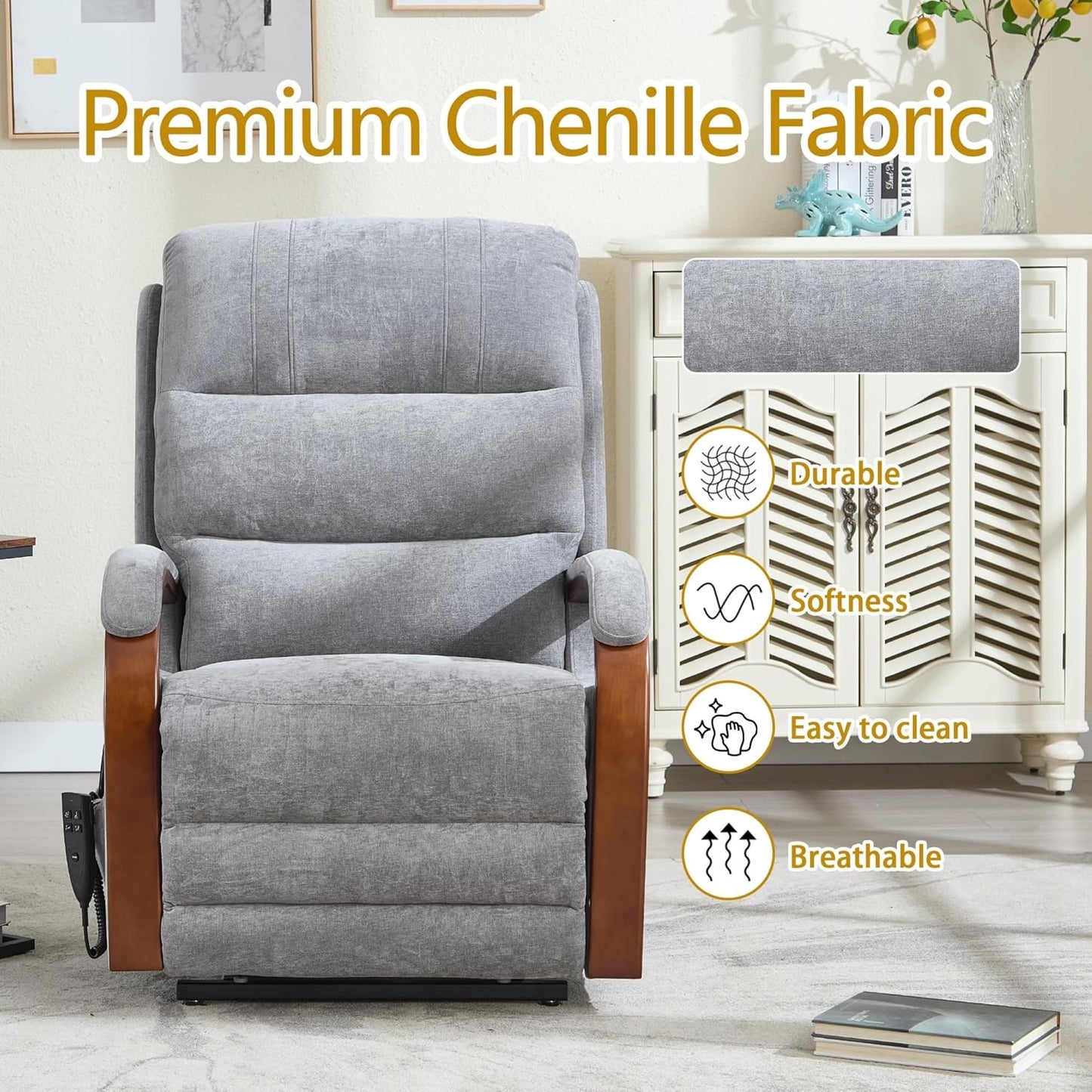 Oversized Power Lift Recliner Chair for Elderly, Dual Motor Electric Lift Chair Full Body Vibration Massage & Lumbar Heat, Solid Wood Armrests, Chenille Fabric Recliner Sofa with Lift Assist