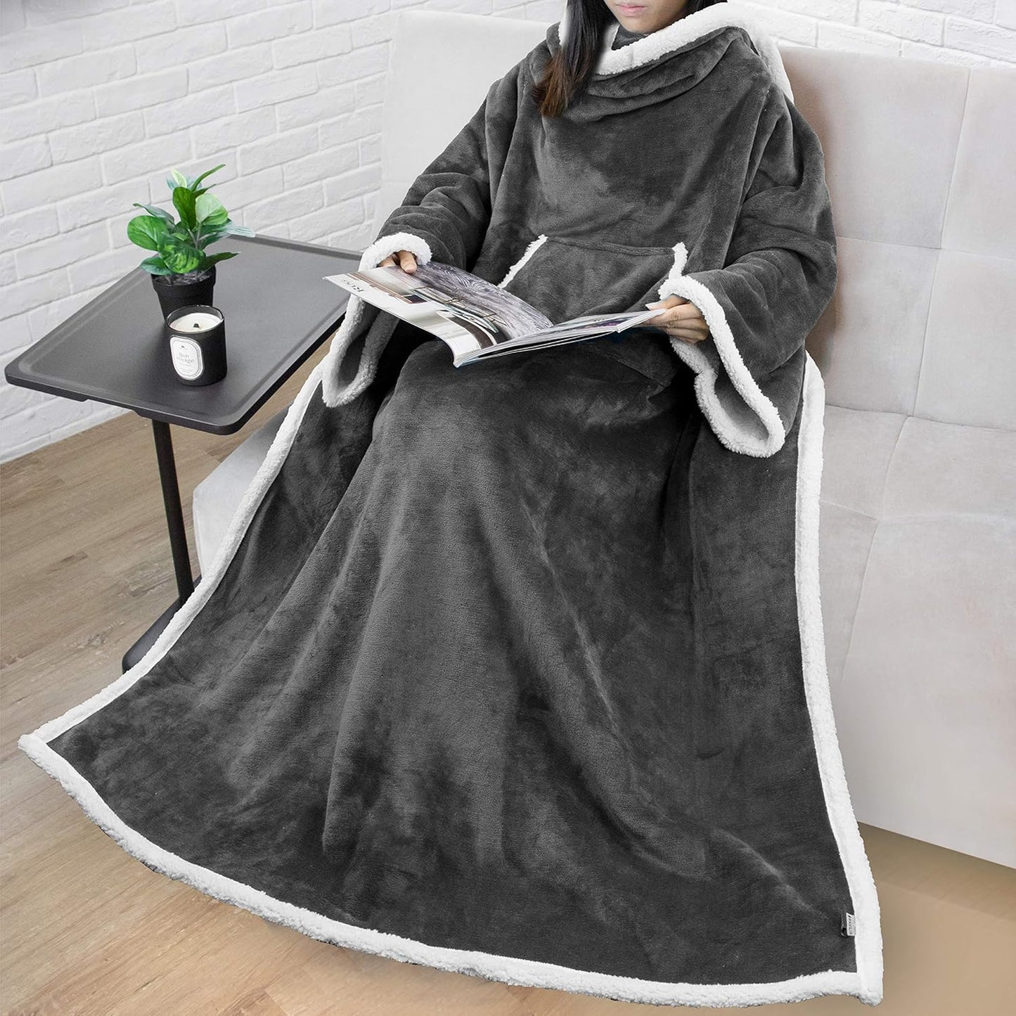 PAVILIA Sherpa Wearable Blanket with Sleeves and Pocket, Plush Thick Cozy Body Blanket Wrap for Adult Women Men, Christmas Gift for Wife Mom, Dark Grey