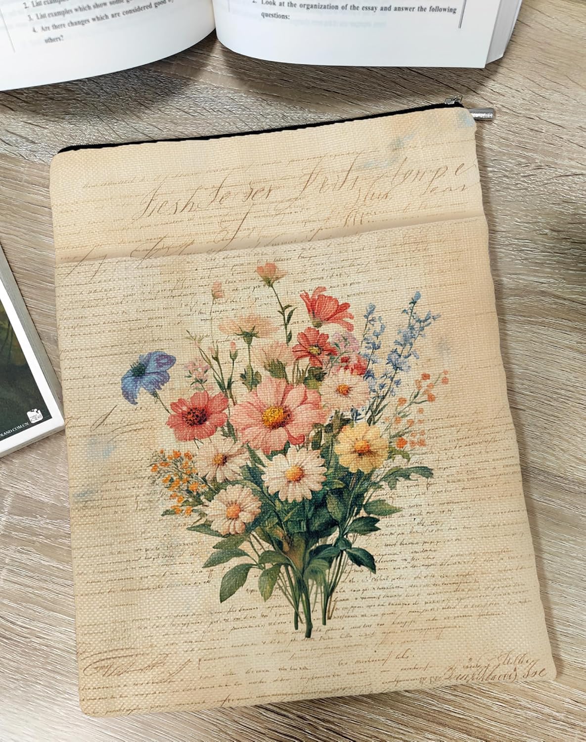 Vintage Flower Book Cover, Book Sleeve with Zipper & Front Pocket, Reusable Book Pouch, Butterfly Floral Linen Prints Book Sleeve for Book Lovers, Bookish Gifts (Wildflower3, Large)