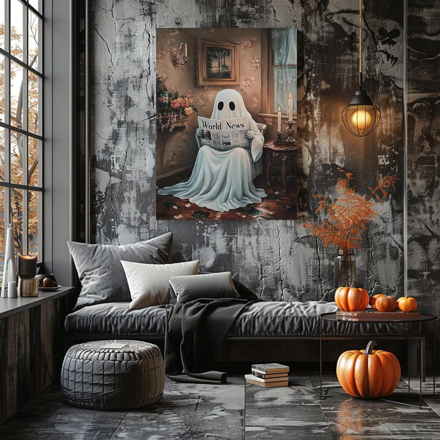 Dark Academia Halloween Ghost Canvas Wall Art Painting Vintage Spooky Ghost Reading Newspaper on Toilet Halloween Pictures Poster for Aesthetic Bathroom Room Wall Decor 08x10inch Unframed