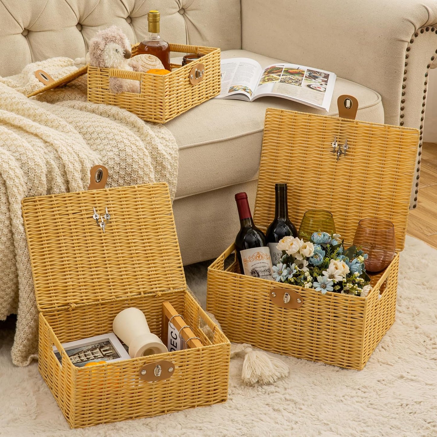 Wicker Storage Baskets with Lids, Set of 3 Decorative Storage Boxes For Organizing, Woven Baskets with Leather Lock and Handles (Beige)