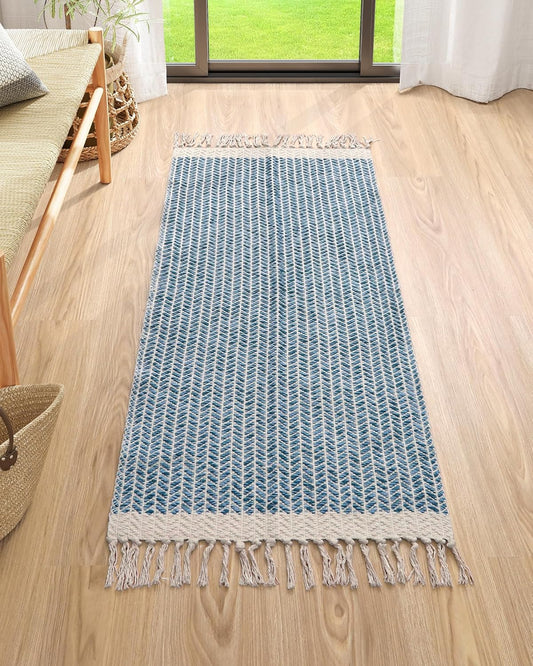 Lahome Belle Boho Laundry Room Rug Runner, 2x4.3 Bathroom Runner Rug Lightweight Kitchen Rugs Woven Cotton Throw Mat with Tassels, Farmhouse Washable Blue Rugs Low Pile for Bedroom Door Mat