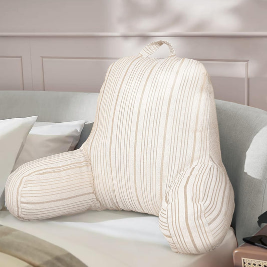 AELS Reading Pillow Replacement Cover (No Insert) with Arms and Pockets, 18" Beige with Light Brown Stripes Textured Backrest Pillow Cover Fits Standard Size Pillows (Cover ONLY)