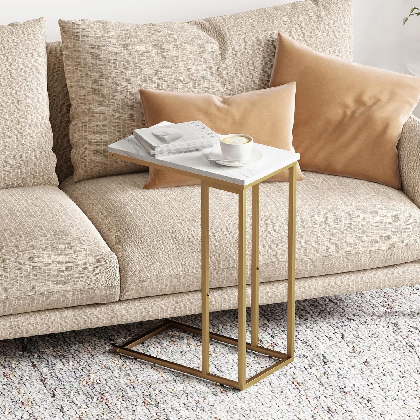 Yusong C Shaped End Table, Couch Side Table That Slide Under Sofa Bed, Small Table for Small Spaces, Skinny Overbed Table for Coffee Drink Snack, Living Room, Gold and White Marbled Wooden Top