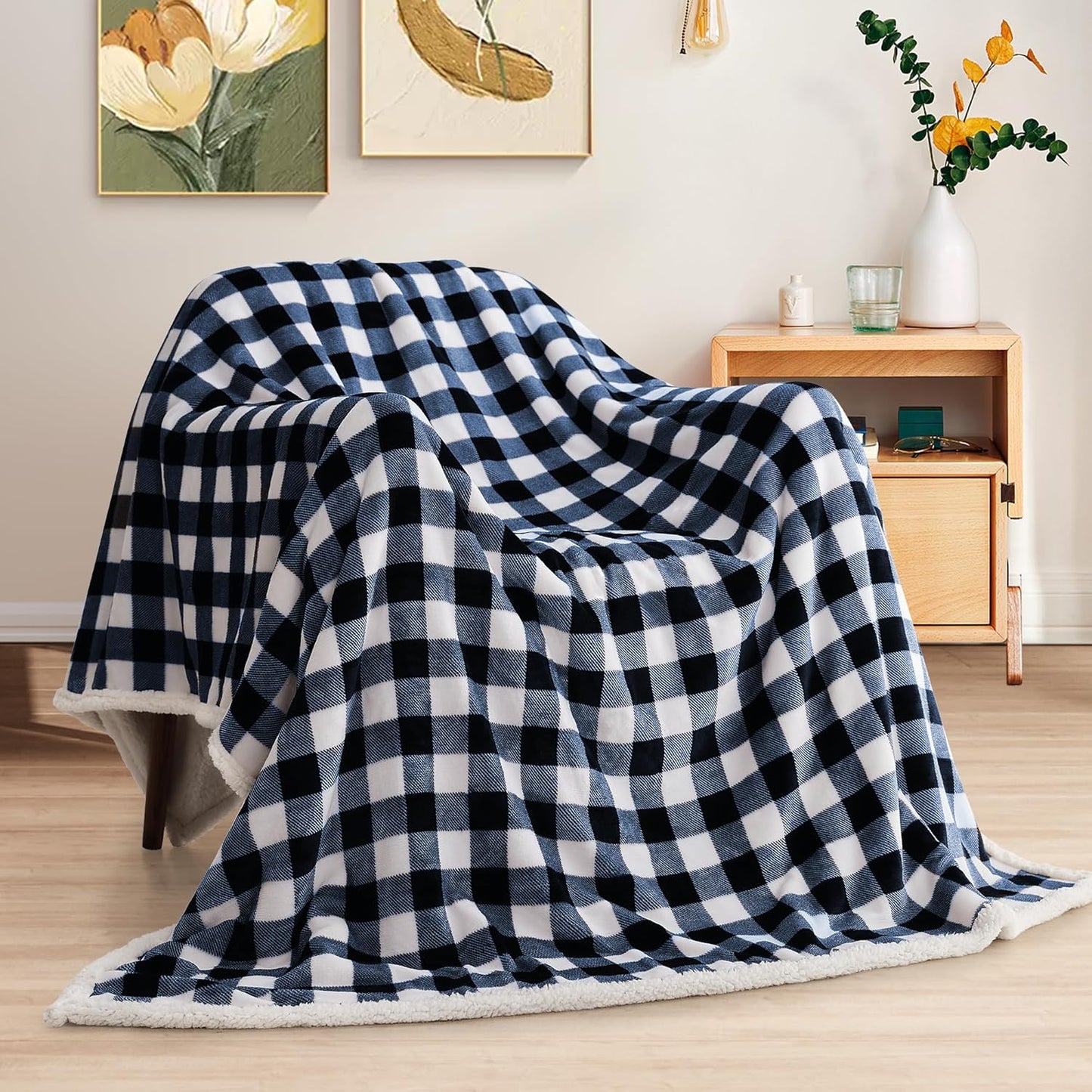 BEAUTEX Sherpa Fleece Throw Blanket, Super Soft Warm Buffalo Plaid Plush Blankets and Throws, Lightweight Cozy Fuzzy Blanket for Couch Sofa Bed (NavyBlue, 50" x 60")