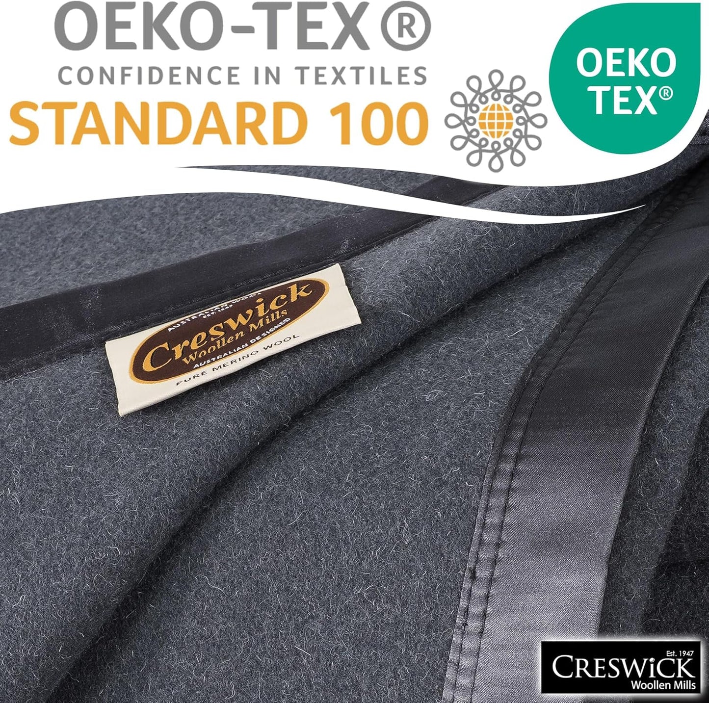 Creswick Woollen Mills 100% Australian Merino Wool Blanket – Soft Warm and Natural with Satin Binding, Breathable Luxury Bedding for All Seasons, (Charcoal, Full/Queen Size)