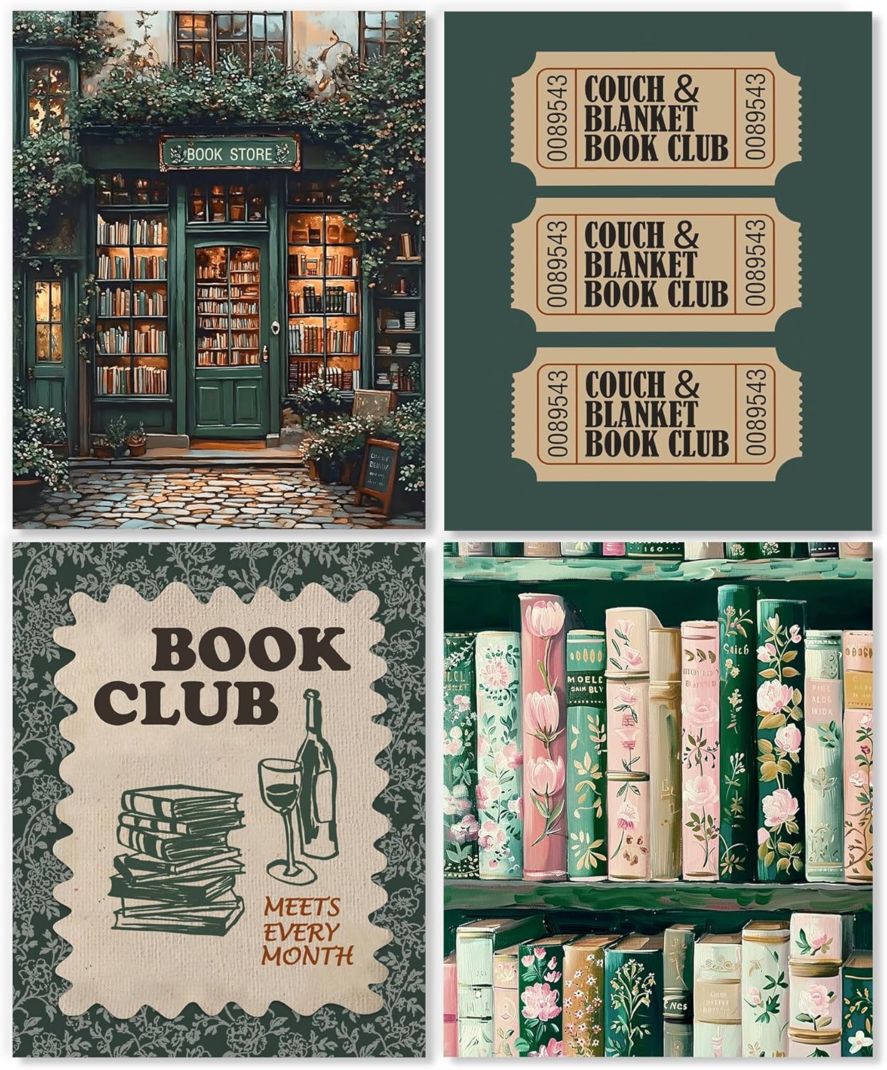 LUKIPOM Vintage Nostalgic Book Wall Art Posters Set of 4, Reading Nook Corner Room Decor, Retro Green Bookish Canvas Prints Artwork for Library Book Store Club Wall Decor, 8x10 Unframed