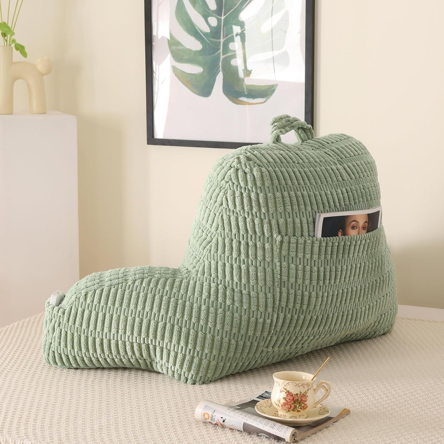 Reading Pillow for Bed,Large Backrest Reading Pillow with Arm Rest,Back Rest Support Cushion for Sit Up on Couch,Sofa,and Floor(Green Corduroy,Standard(17"))