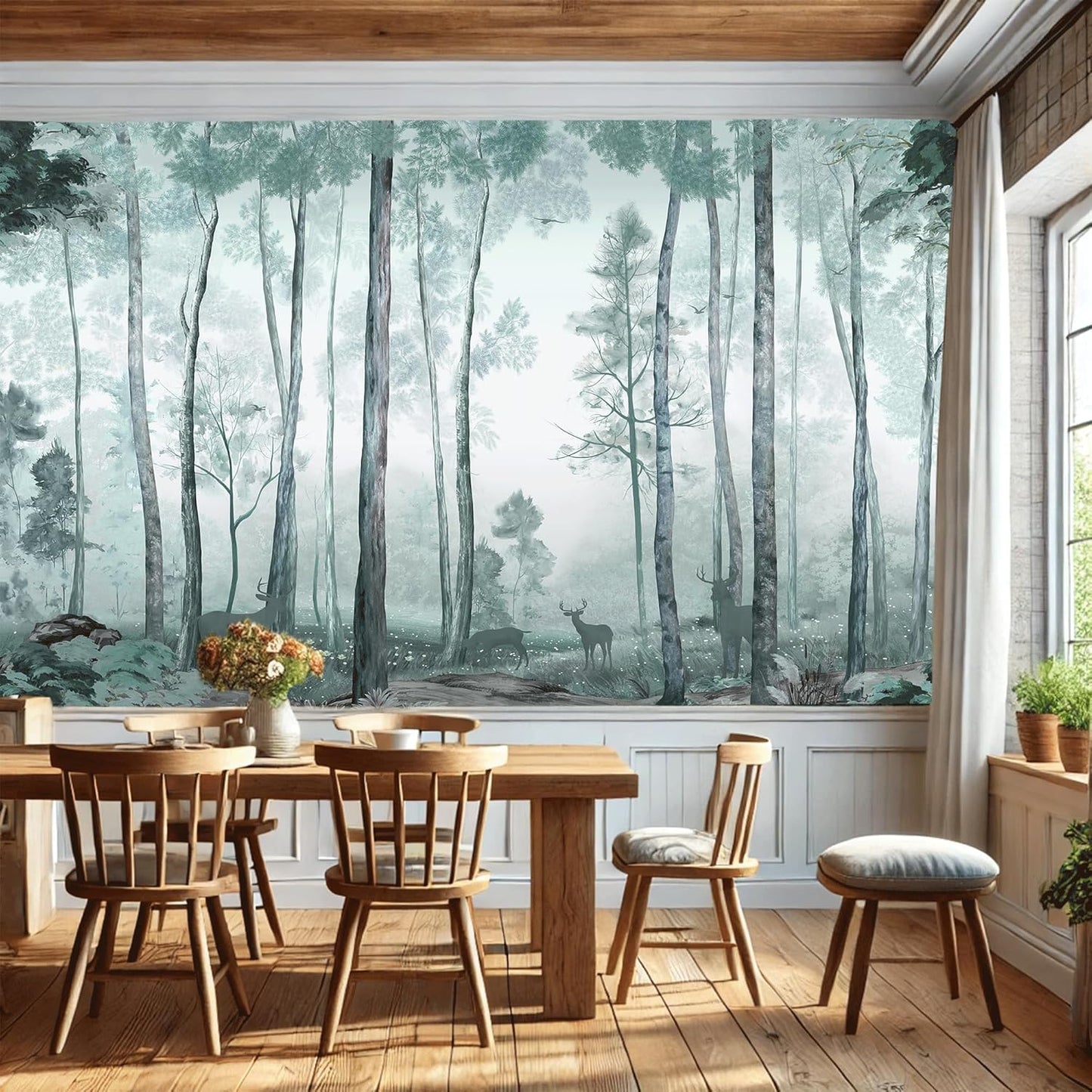 AMUGISH Misty Forest Wall Mural – Tranquil Woodland Scene Wallpaper with Deer and Soft Greenery, Peel and Stick - Ideal for Living Rooms, Bedrooms, and Nurseries