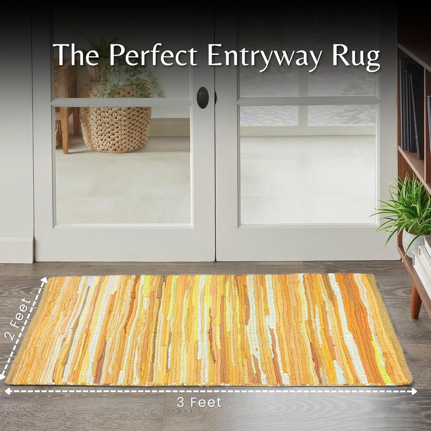 Ramanta Home 100% Cotton Hand Woven Tonal Chindi Rag Rug 2'x3' - Mustard, Recycled Reversible Rug, Boho Rustic Farmhouse Rugs for Living Room, Dinning Room, Kitchen Floor Mats - 24"x36"