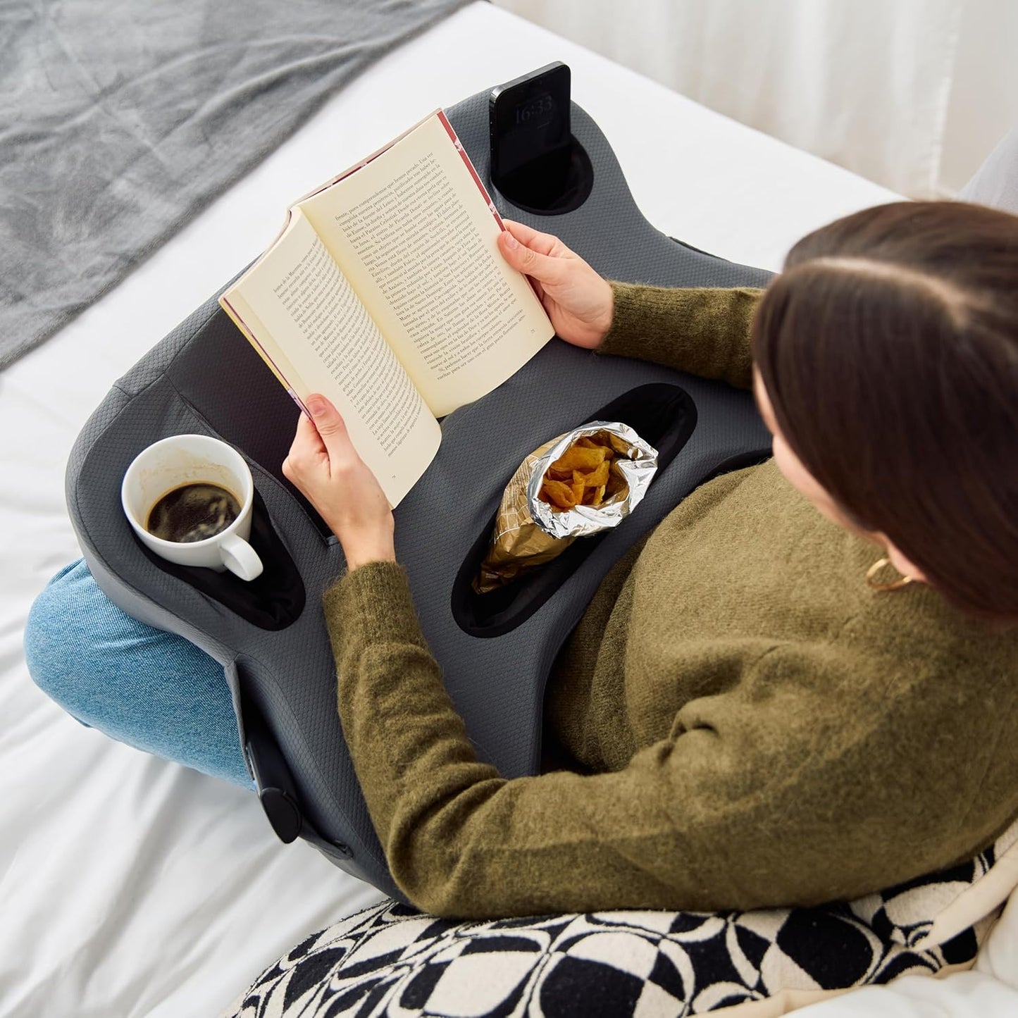 Lap Desk Pillow - Cushioned Lap Pillow for Reading, Gaming, Work & Travel, Soft & Portable Laptop Desk for Bed, Couch, or Car, Ergonomic Support for Laptops & Tablets (Grey)