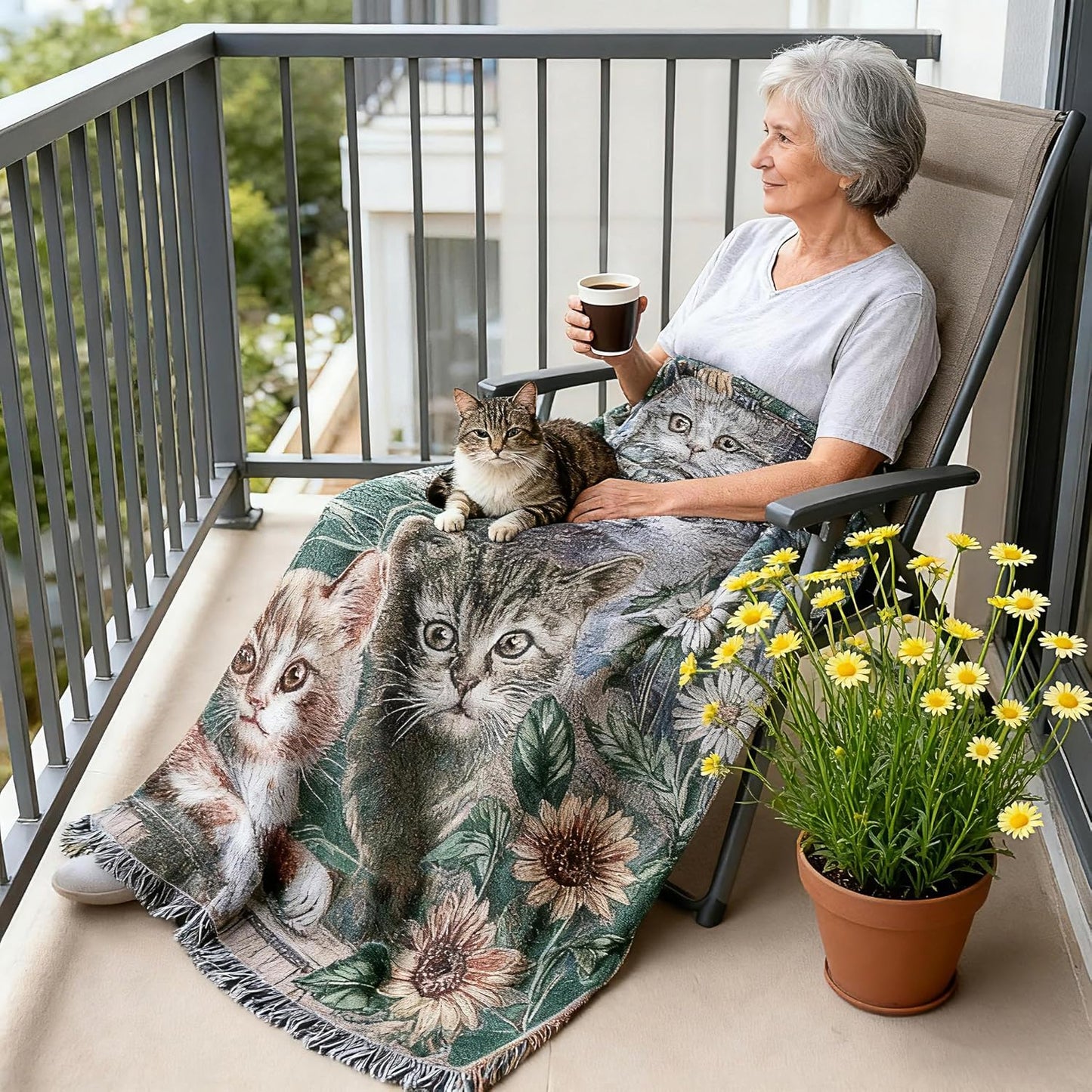 Garden Cat Flower Woven Tapestry Throw Blanket Wall Hanging Art Handicrafts Jacquard Multipurpose Soft Travel Mat Outdoor with Fringe Tassels 50 X 60 Inches