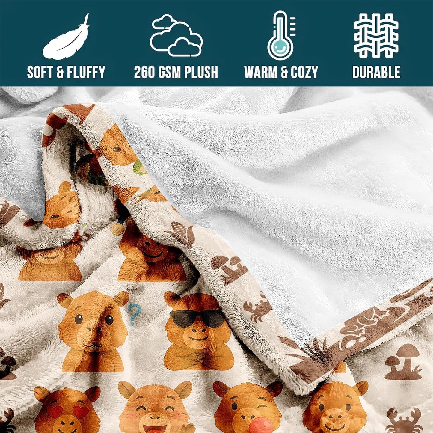 Capybara Throw Blanket Gift — Cute Kawaii Cartoon Capybara, Cozy Decor for Kids, Teens & Women, Birthday Christmas Mother's Day, Couch Bed Travel Comfort, Size 50'' x 60''