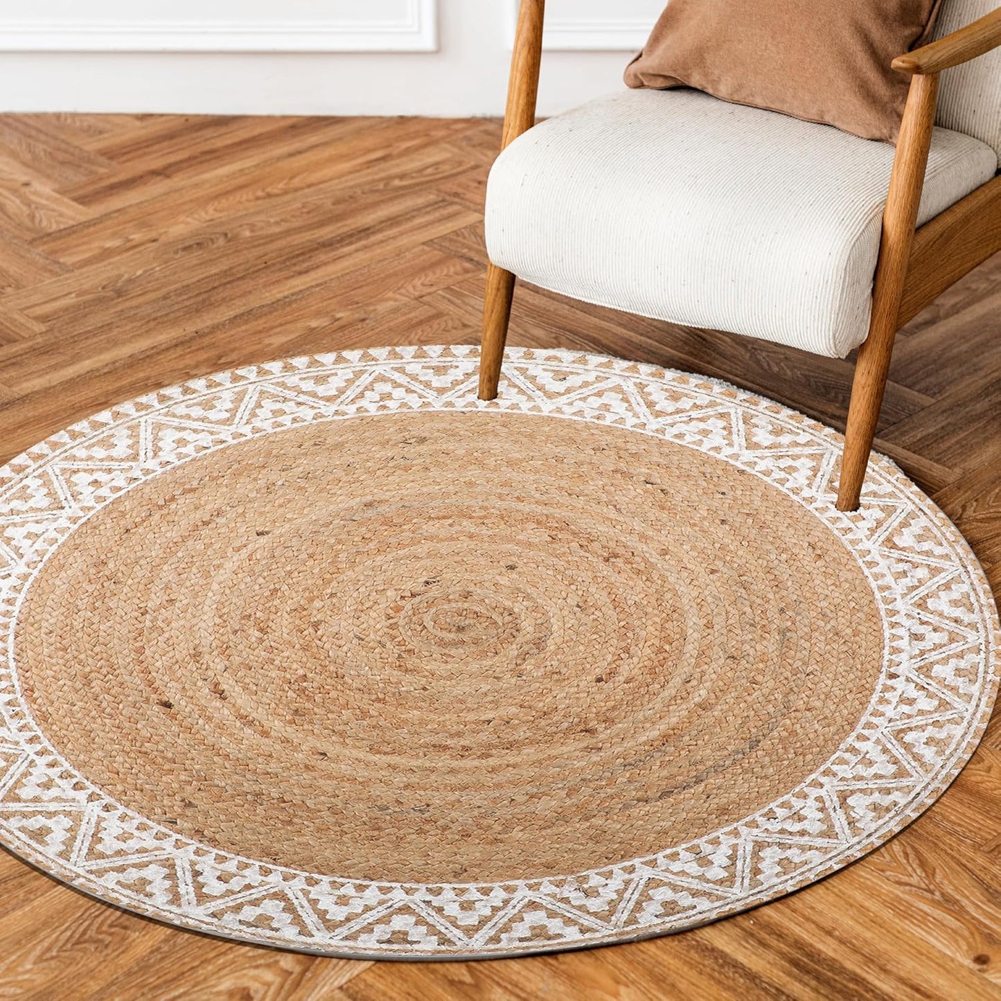voyzz home Premium Natural Jute Braided Area Rug, 3-feet Round, White Printed Border, Stain Resistance, Natural Handmade Rug for Entryways, Living Room, Dining Room, Bedroom, Farmhouse, Kitchen