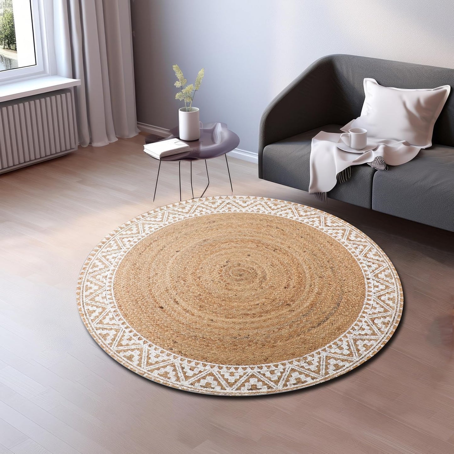 voyzz home Premium Natural Jute Braided Area Rug, 3-feet Round, White Printed Border, Stain Resistance, Natural Handmade Rug for Entryways, Living Room, Dining Room, Bedroom, Farmhouse, Kitchen