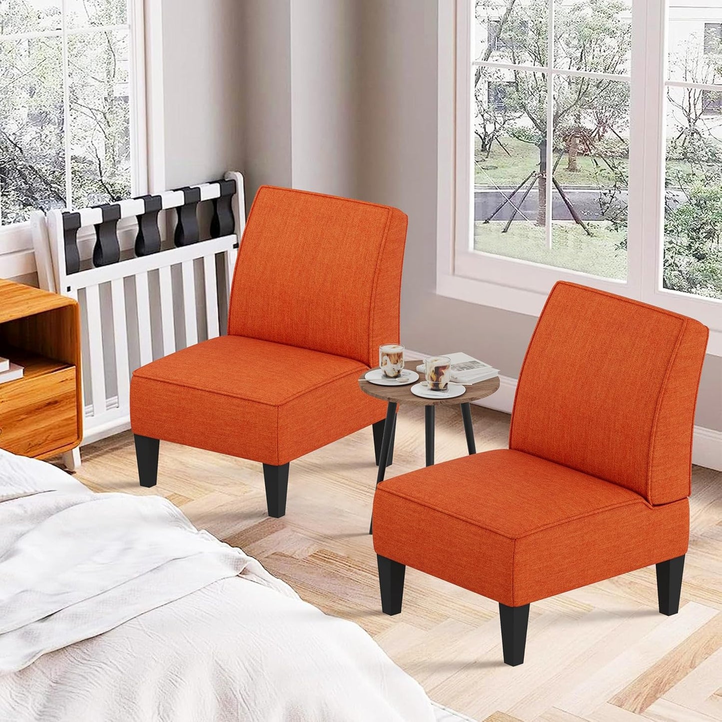 ALISH Accent Chairs Set of 2 Upholstered Living Room Chairs Armless Side Chairs Bedroom Chairs with Curved Backrest and Wooden Legs Orange