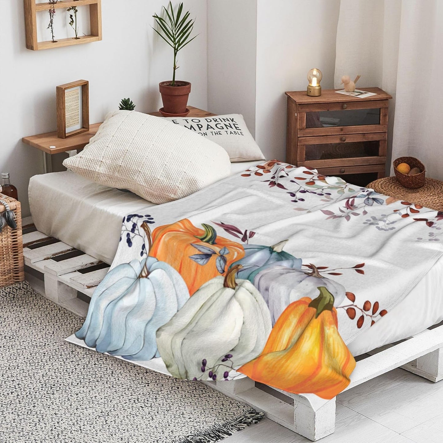 Pumpkin Flannel Throw Blanket - Fall Thanksgiving Watercolor Autumn Pumpkins Terracotta Eucalyptus Leaves Decorations - Bed, Sofa, Couch, Travel - 50"x60"