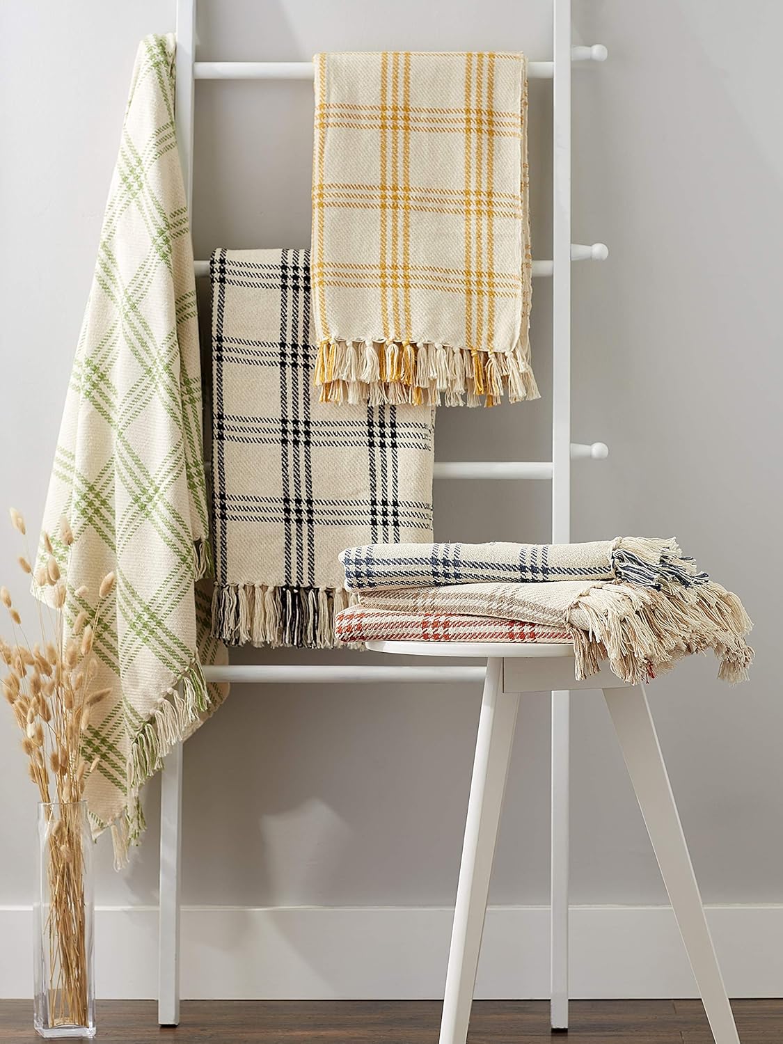 DII Modern Farmhouse Plaid Collection Cotton Fringe Throw Blanket, 50x60, White/Honey Gold