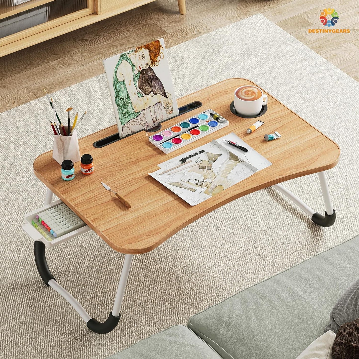 Lap Desk Bed Trays for Eating and Laptops Breakfast in Bed Tray for Sofa/Couch/Study/Reading/Writing with Cup Holder/Drawer On Low Sitting Floor Large Portable Foldable (Walnut Beige)