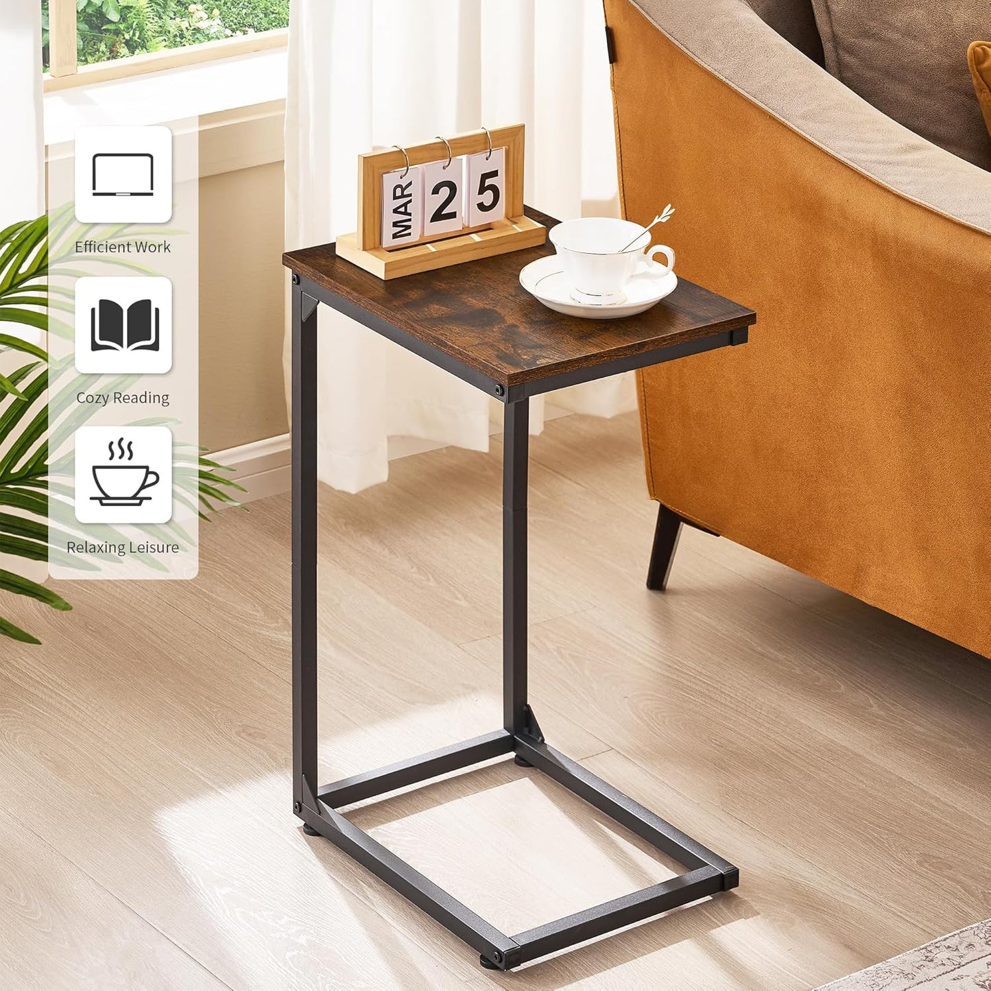 HKET1005-2BR C 모양 엔드 테이블, 아래로 미끄러지는 소파 테이블, 소파, 침대용 작은 사이드 테이블, 작은 공간, 거실, 침실, 침대 옆을 위한 TV 트레이 2개 세트, 러스틱 브라운