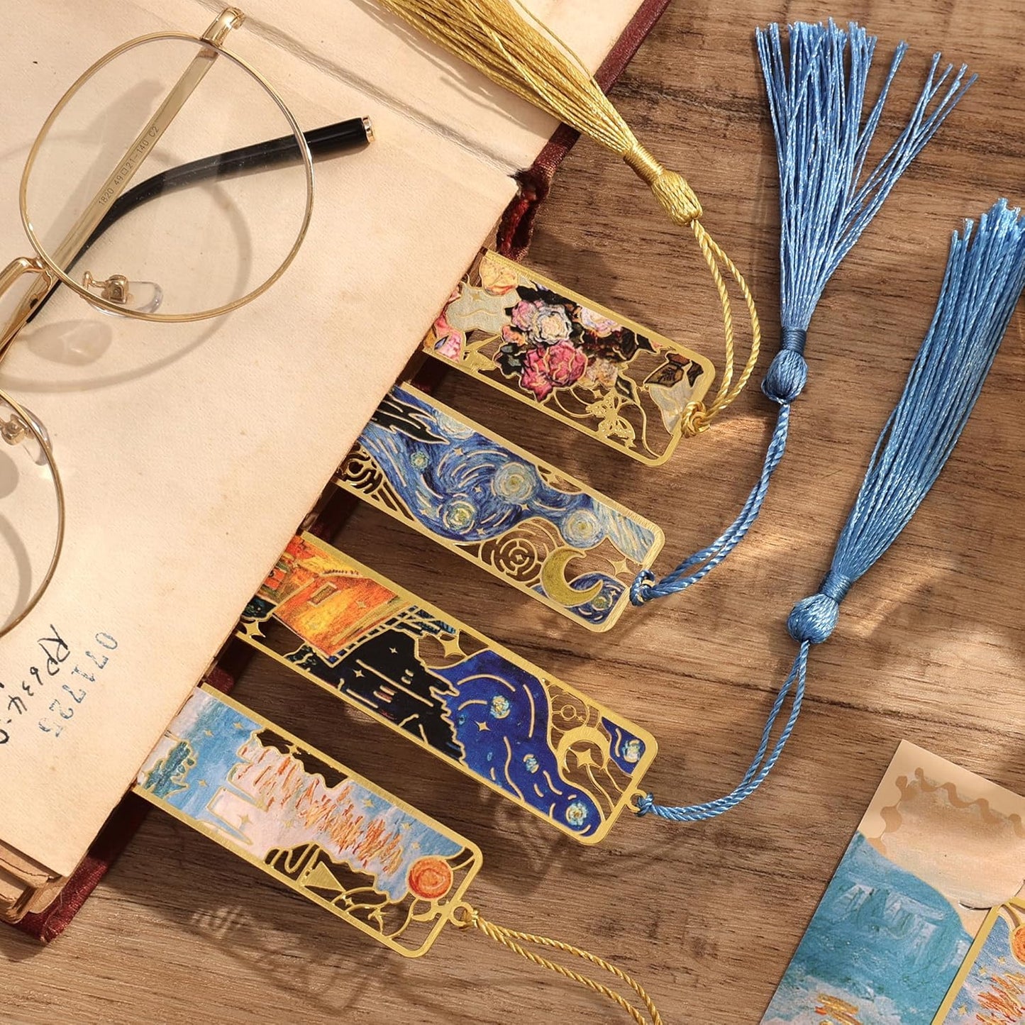 4 Pieces Bookmarks with Tassel, Golden Hollow Metal Bookmark Monet Oil Painting Theme Book Mark for Women Book Lovers Writers Readers Children Teenage Girls, (Starry Sky Style)