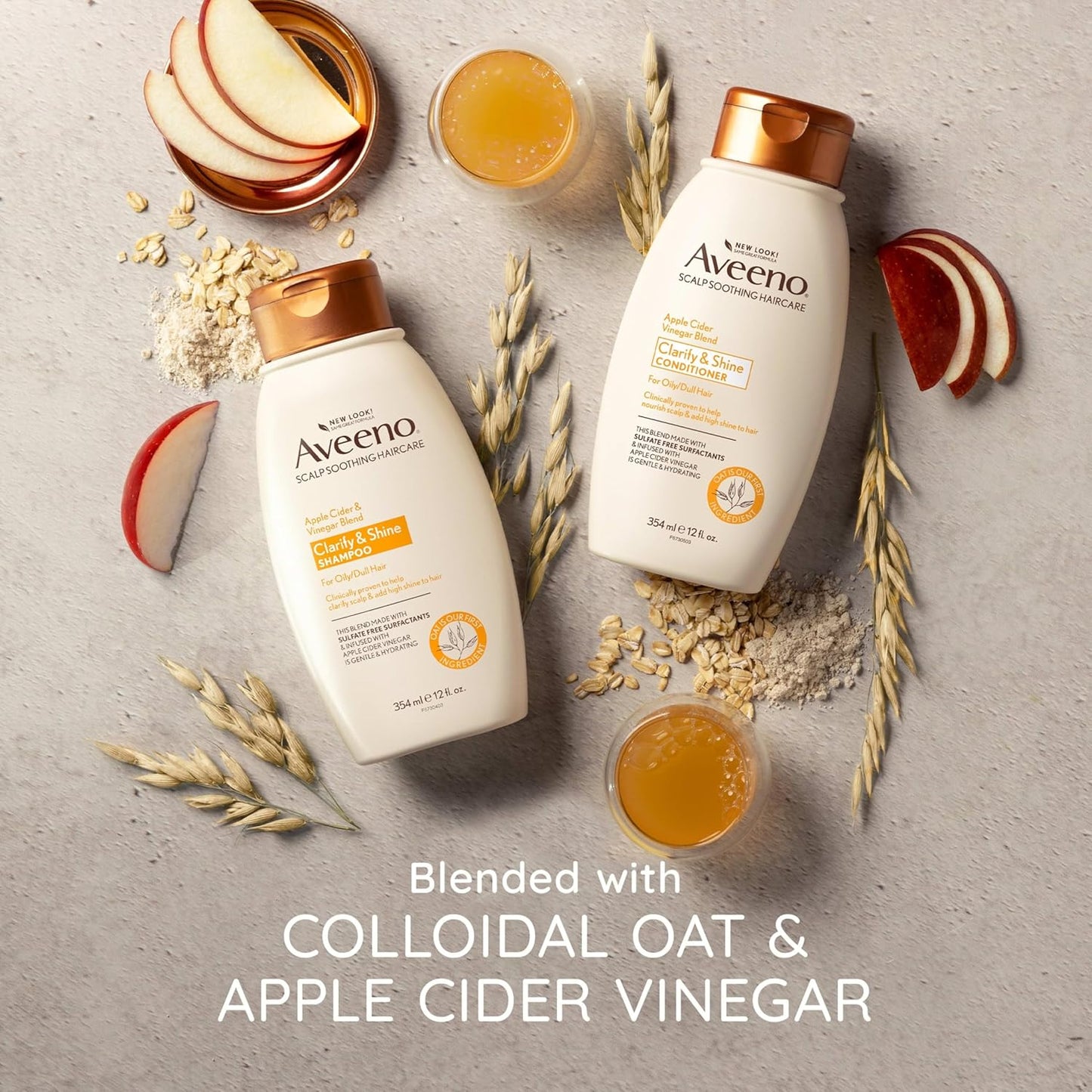 Aveeno Apple Cider Vinegar Shampoo + Conditioner Set, Hair Care Bundle for Balance & High Shine, Daily Clarifying & Soothing Scalp Shampoo & Conditioner for Oily & Dull Hair, Two Pack, 2 x 12 fl. oz