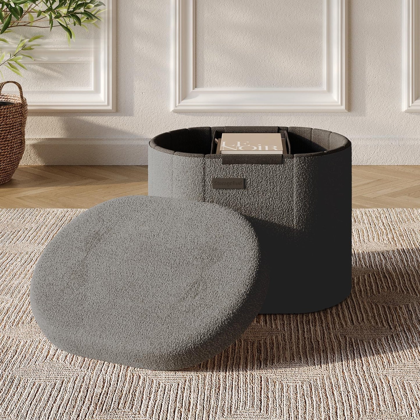 STORAGEBUD Round Ottoman with Storage for Living Room, 18 Inch Storage Ottoman, Small Ottomans Foot Rest, Boucle Foot Stool Ottomans Max 330lbs, Grey