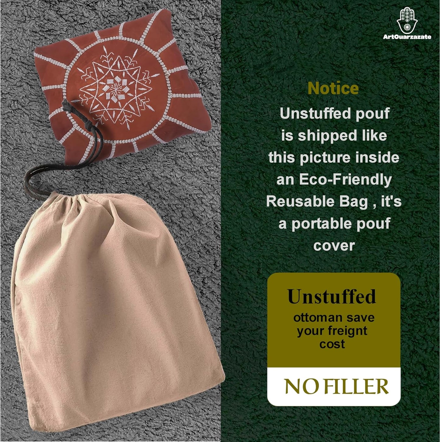 ARTOUARZAZATE Premium Moroccan Leather Ottoman Pouf Cover, Ottoman Footstool Hassock 100% Real Natural Leather pouffe, Home Gifts, Wedding Gifts, Foot Stool (Brown)