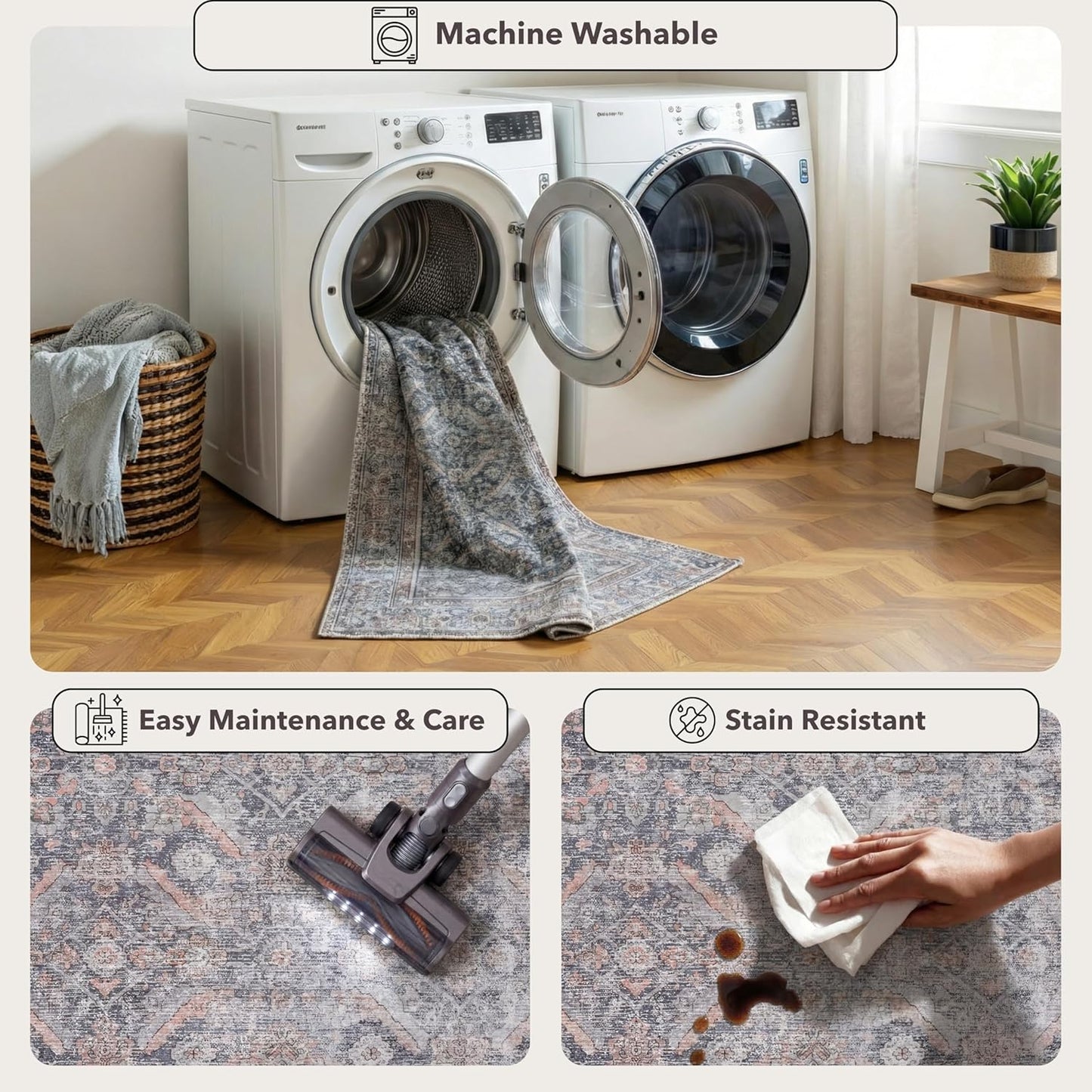 Kuden 4x6 Area Rug, Machine Washable Area Rug with Non-Slip Backing, Vintage Style, Soft, Easy Clean, Low Pile Rug for Living Room, Bedroom, Dining Room