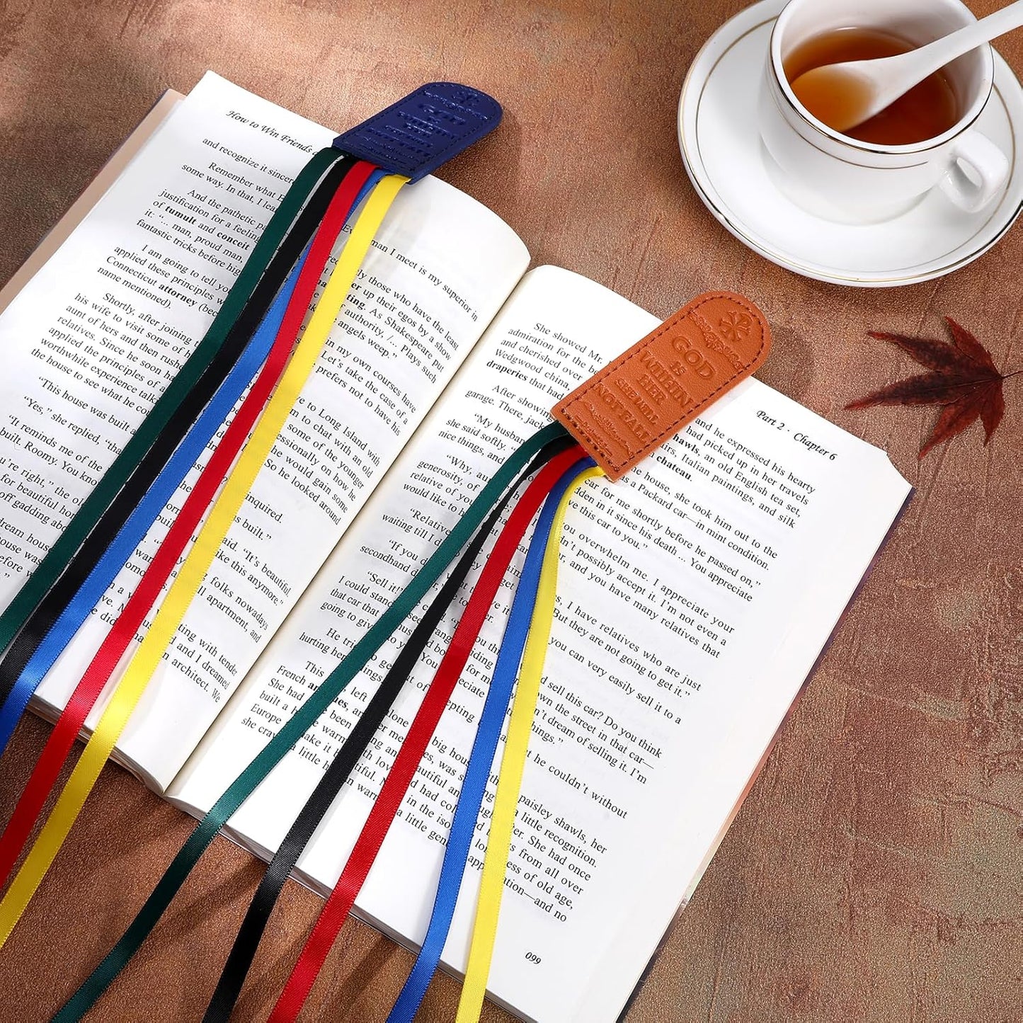 2Pcs Bible Ribbons Bookmarks, Christian Bookmarks Tassels, Artificial Leather with Text Book Marks with Colorful Ribbon, Book Accessories for Reader Easter Gift, Bible Accessories Women (Brown+Blue)