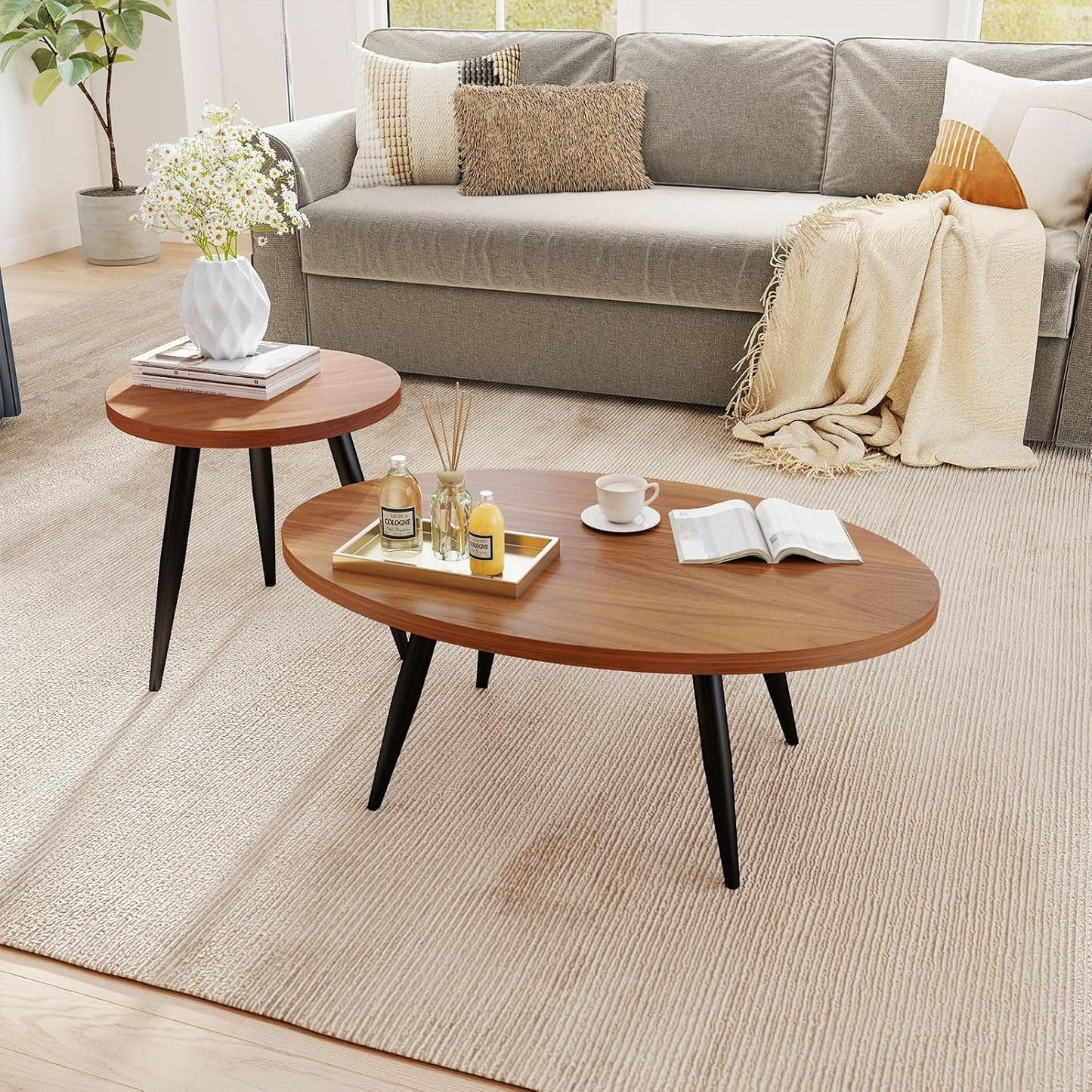 2-Piece Nesting Coffee Table Set, Oval & Round Mid-Century Modern Side Tables with MDF Tabletop & Metal Tapered Legs, Accent Table Set for Living Room, Small Spaces (Walnut)