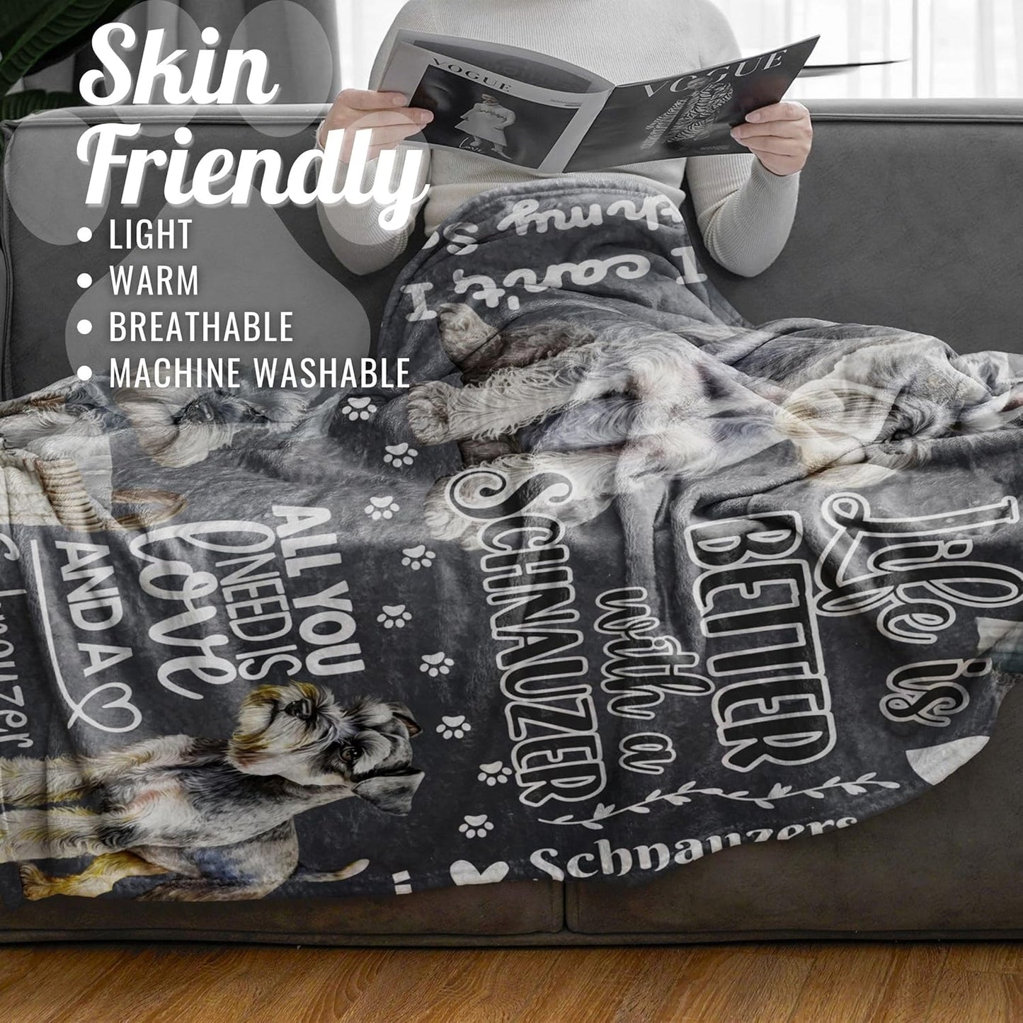 Schnauzer Gifts for Women Men, Miniature Schnauzer Flannel Throw Blanket for Dog Mom Dad Owner Dog Lovers, 50 x 65 Inches, Black