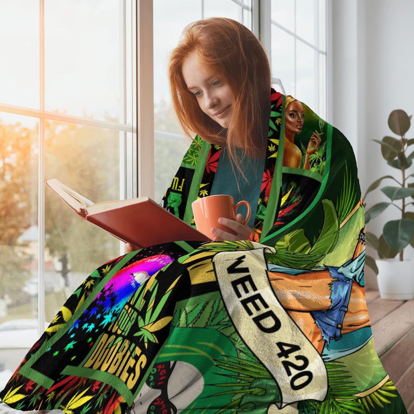Socira Marijuana Gifts Flannel Sherpa Blanket - Large Leaf Soft Fleece Throw Blanket for All-Season, Weed Stuff Sheets 60''X80''