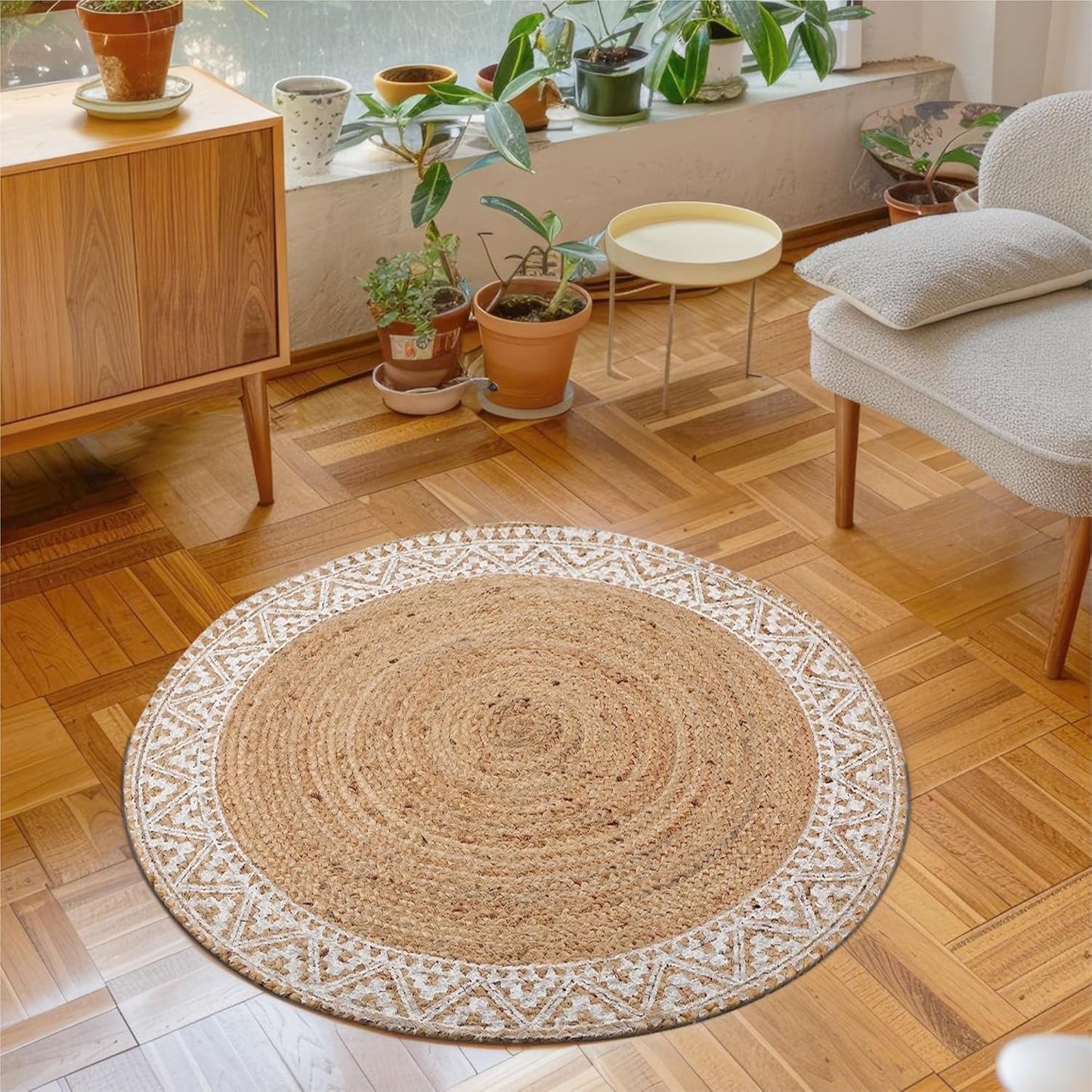 voyzz home Premium Natural Jute Braided Area Rug, 3-feet Round, White Printed Border, Stain Resistance, Natural Handmade Rug for Entryways, Living Room, Dining Room, Bedroom, Farmhouse, Kitchen