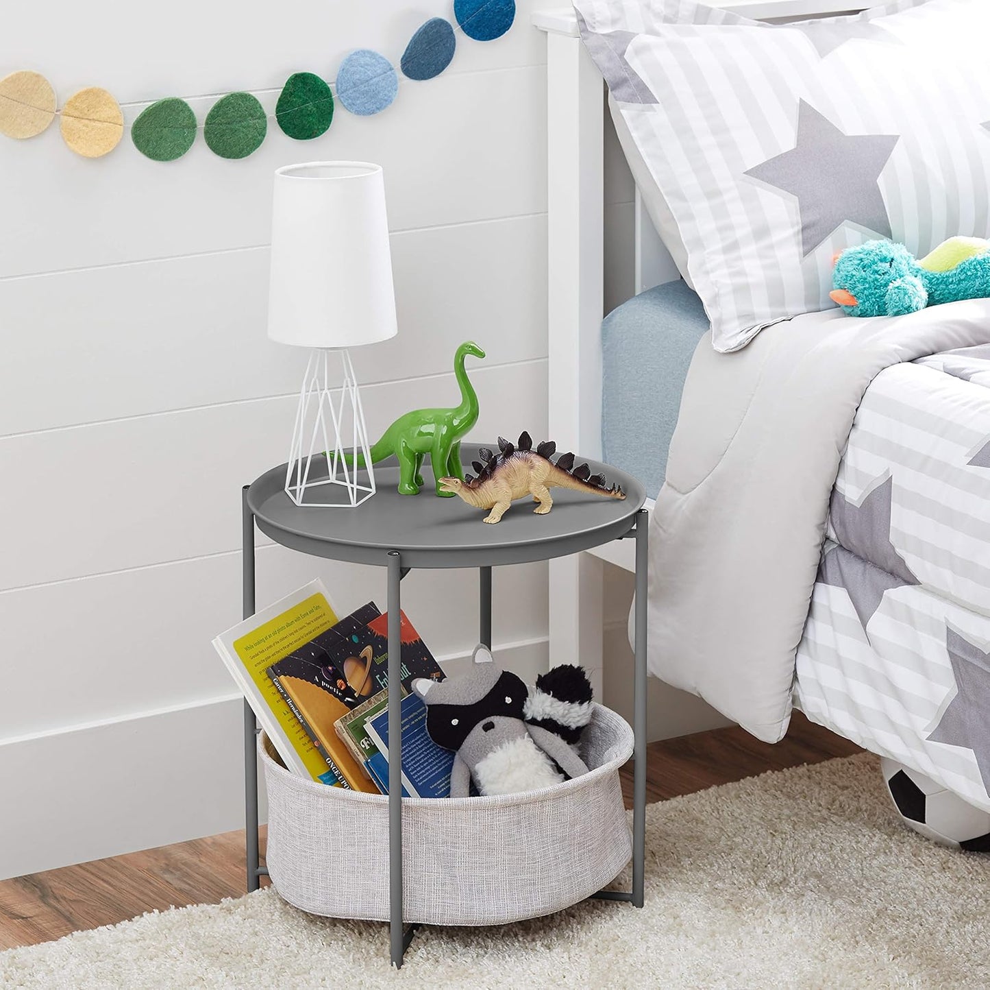 Amazon Basics Round Storage End Table, Nightstand for Bedroom or Living Room, Easy Assembly, with Cloth Basket, Charcoal/Heather Gray, 17.7 x 17.7 x 18.9 in | Side Table, with Cloth Basket, Storage