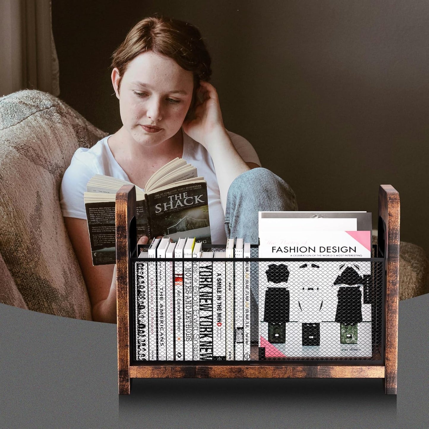 Wood Magazine Holder & Rack - Retro Brown Mesh Storage Basket for Books, Newspapers, Files - Desk/Floor Organizer