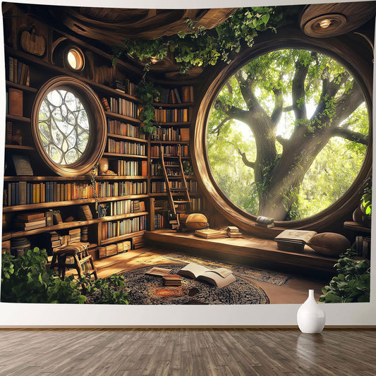 RichIdeas 90x68inches Tree Bookshelf Wall Tapestry Library Tapestries Large Reading Blanket Book Tapestry for Lounge Library Classroom Dorm Room Decor RITA032