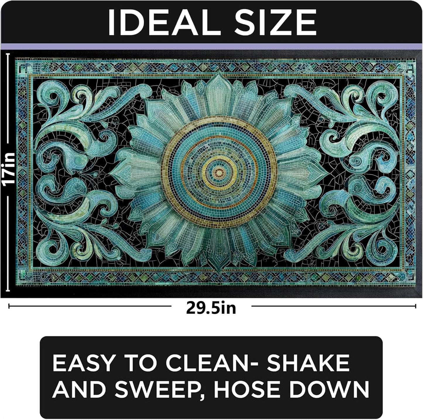 Mandala Door Mat Indoor 17x29.5 Inch Non Woven Entryway Area Rug, Blue Tile with Black Background Floor Mats, Artistic Front Doormats for Bathroom Kitchen Bedroom Home Doormat Decor Gifts