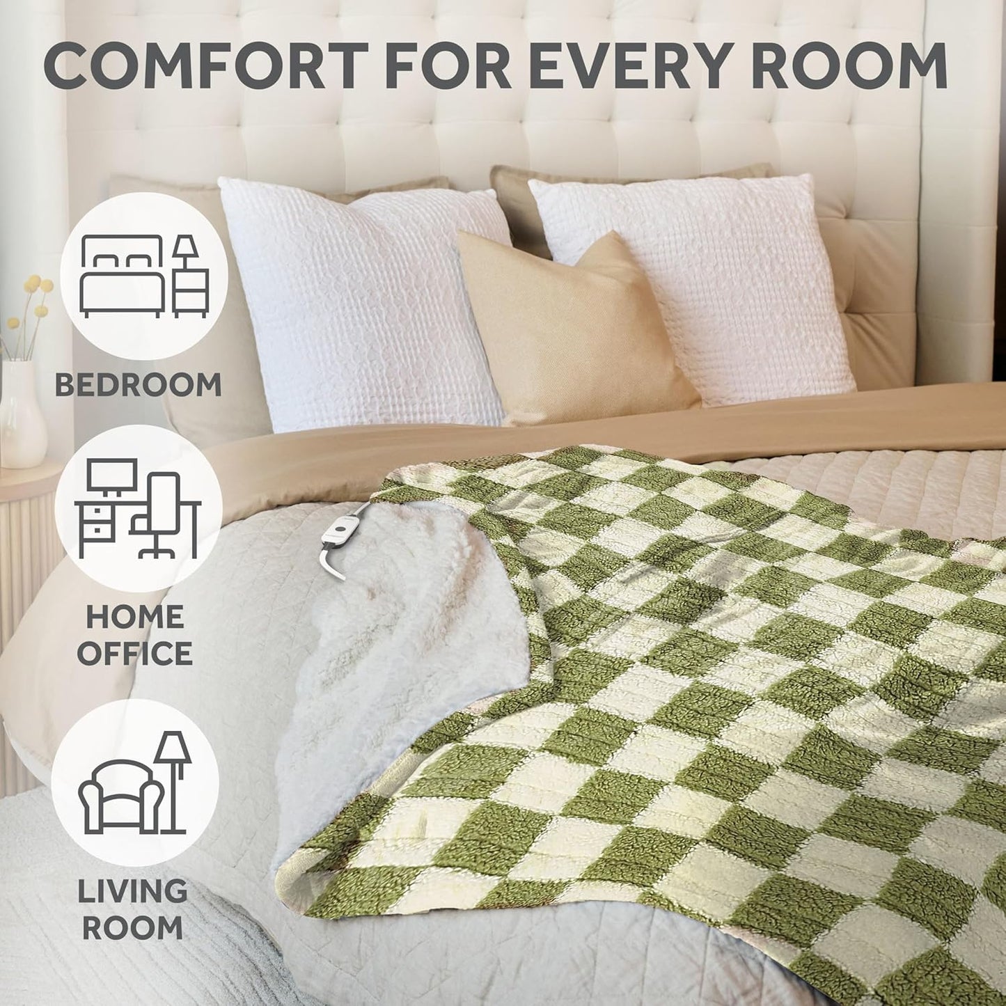 Sunbeam Printed Royal Sherpa Foot Pocket Heated Throw Electric Blanket, 50" x 60", 4 Heat Settings, 4-Hour Auto Shut-Off, Warming Cozy Throw for Couch or Bed, Machine Washable, Sage Checkerboard