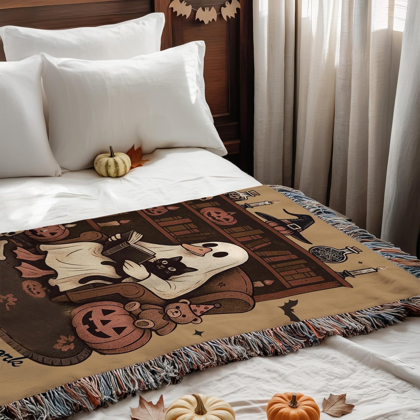 Born to Read Halloween Blanket – Ghost Reading Woven Throw – Cozy Fall Blanket for Book Nook, Gift for Readers & Spooky Decor
