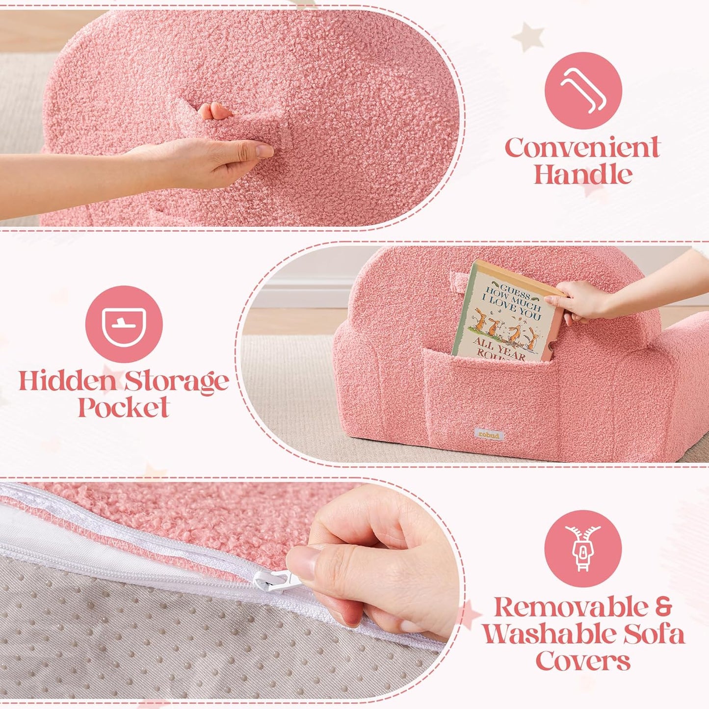 ROBUD Toddler Chair, Comfy Kids Sofa with Teddy Fleece, High Resilience Sponge, and Hidden Storage Pocket, Toddler Couch with Princess Style Design, Kids Couch for Boys and Girls, Pink