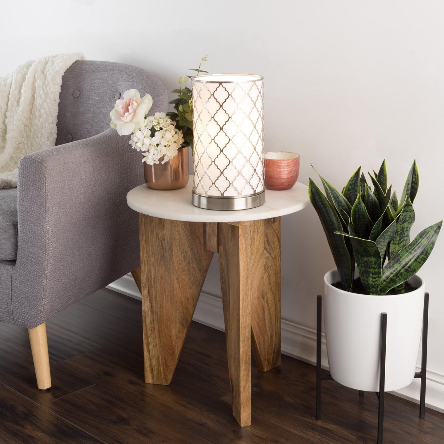 LED Uplight Table Lamp with Steel Finish, Fabric Overwrap, Laser Cut Quatrefoil Pattern and Included LED Light Bulb for Home Uplighting by Lavish Home