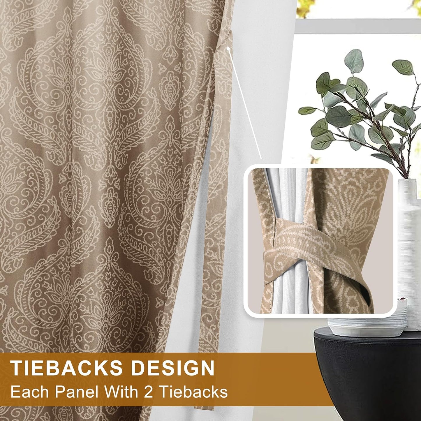 DWCN Damask Patterned Curtains 63 inches Length - Back Tab/Rod Pocket Room Darkening Window Drapes with Tiebacks Thermal Insulted Ombre Blackout Curtains for Bedroom, 2 Panels, W52 x L 63, Taupe