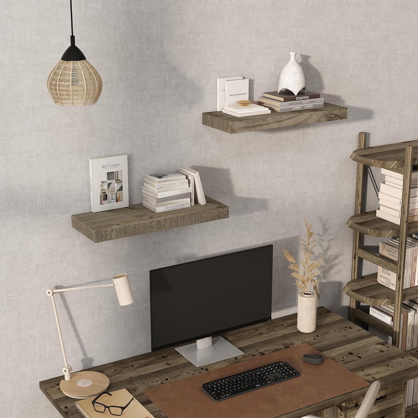 24" Long Solid Reclaimed Wood Floating Shelves, Rustic Heavy-Duty Wall Shelves with Invisible Bracket, 8" Deep Floating Shelf for Living Room, Bathroom, Bedroom and Kitchen, Set of 2, Grey