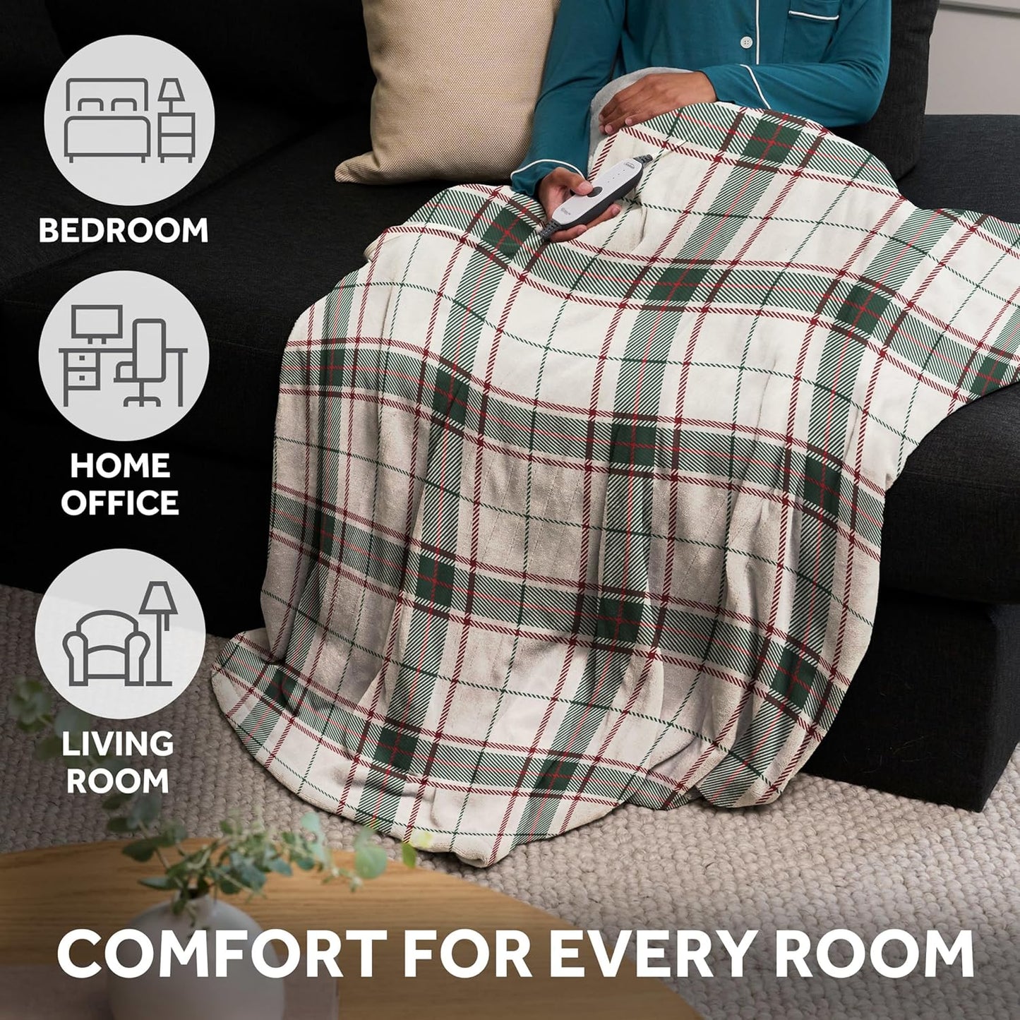 Sunbeam Electric Throw Royal Posh Heated Blanket, 4 Heat Settings, 4-Hour Auto Shut-Off, Fast Heating, Warm and Cozy, Eggshell Plaid, 50" x 60"